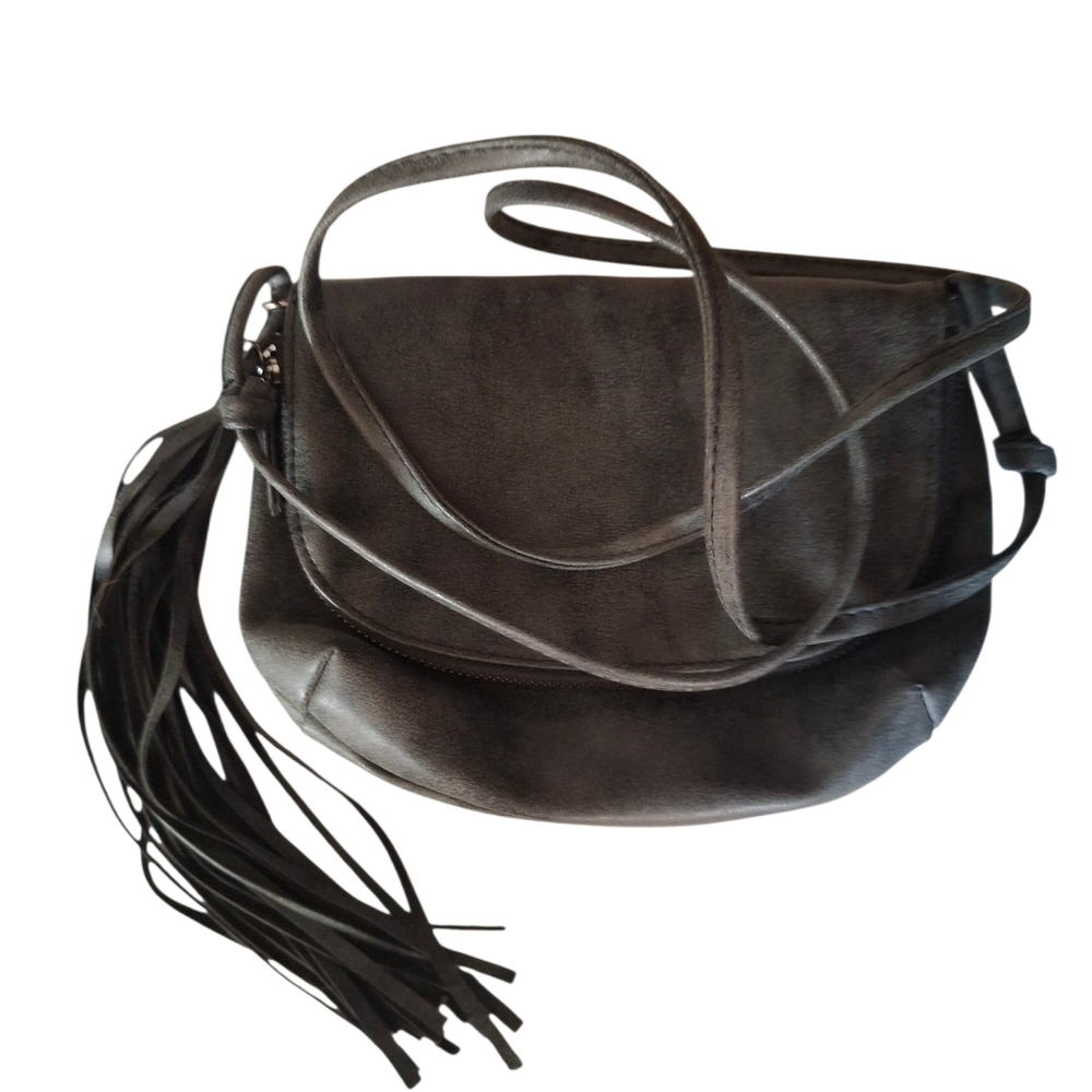Gray Faux Leather Crossbody With Tassel